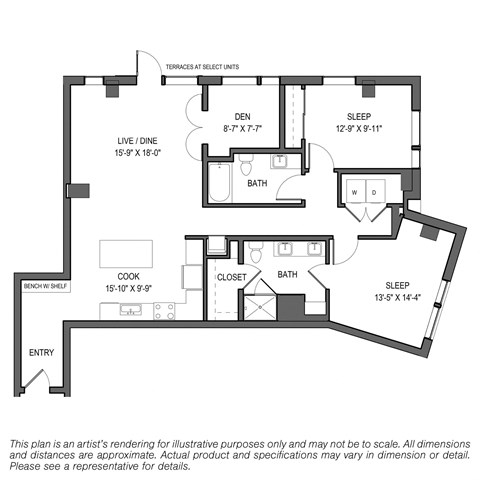 Floor plan for 2 beds, 2 baths, 1349 sqft